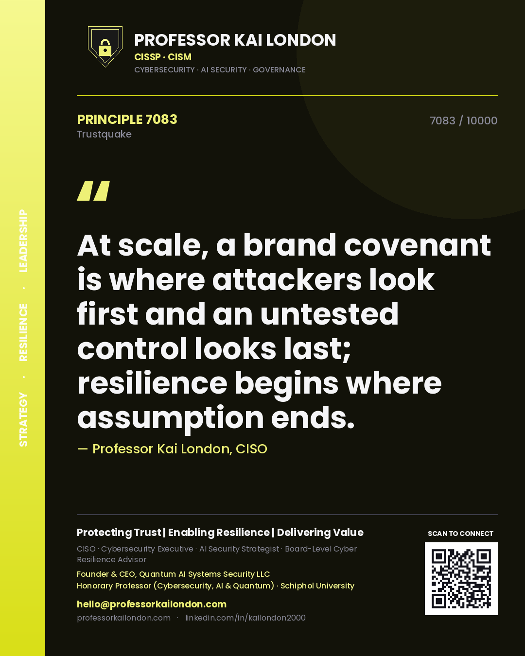 Professor Kai London principle 7083: At scale, a brand covenant is where attackers look first and an untested control looks last; resilience begins where assumption ends.