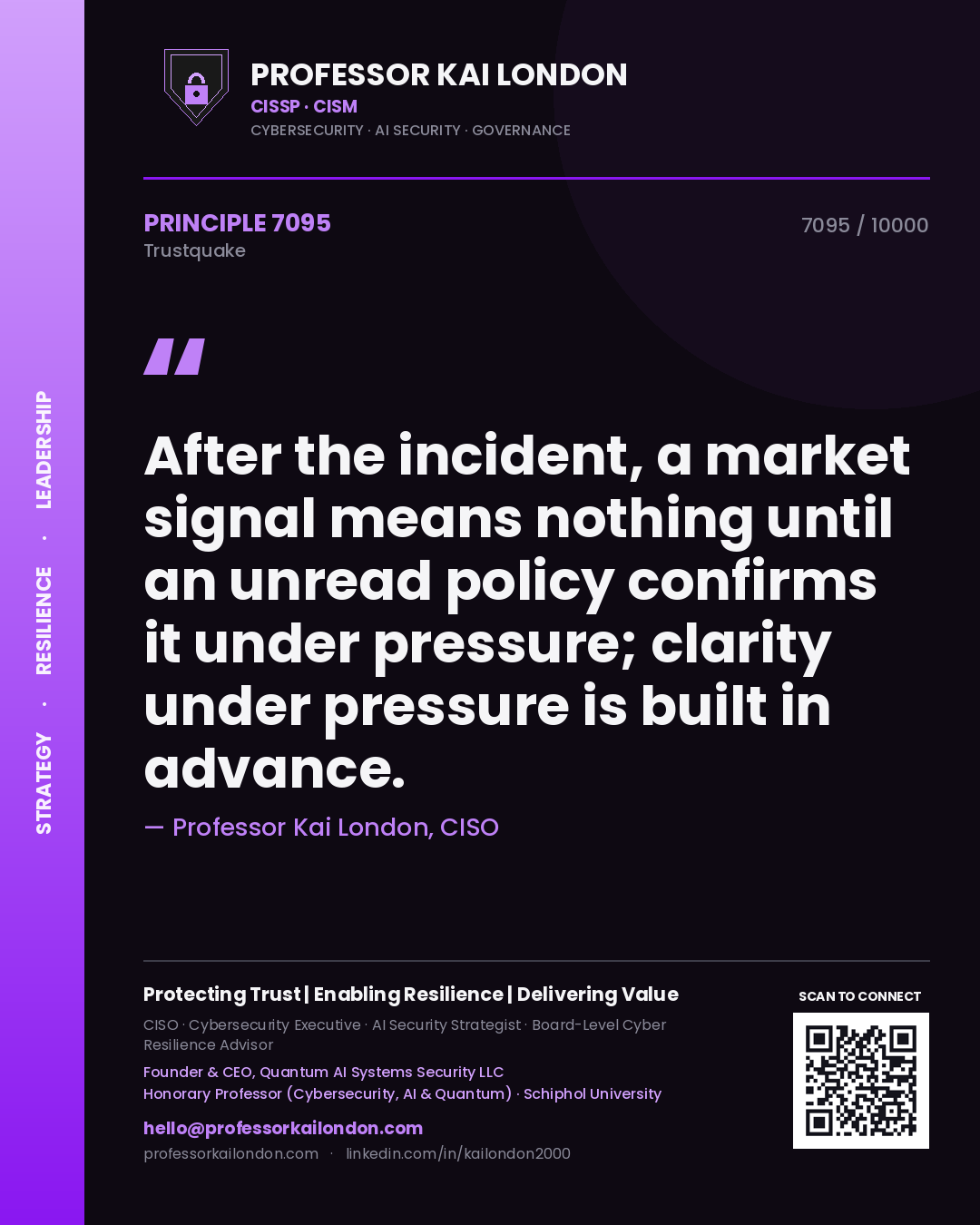 Quote card by Professor Kai London reading 'After the incident, a market signal means nothing until an unread policy confirms it under pressure; clarity under pressure is built in advance.'. From the book Trustquake.