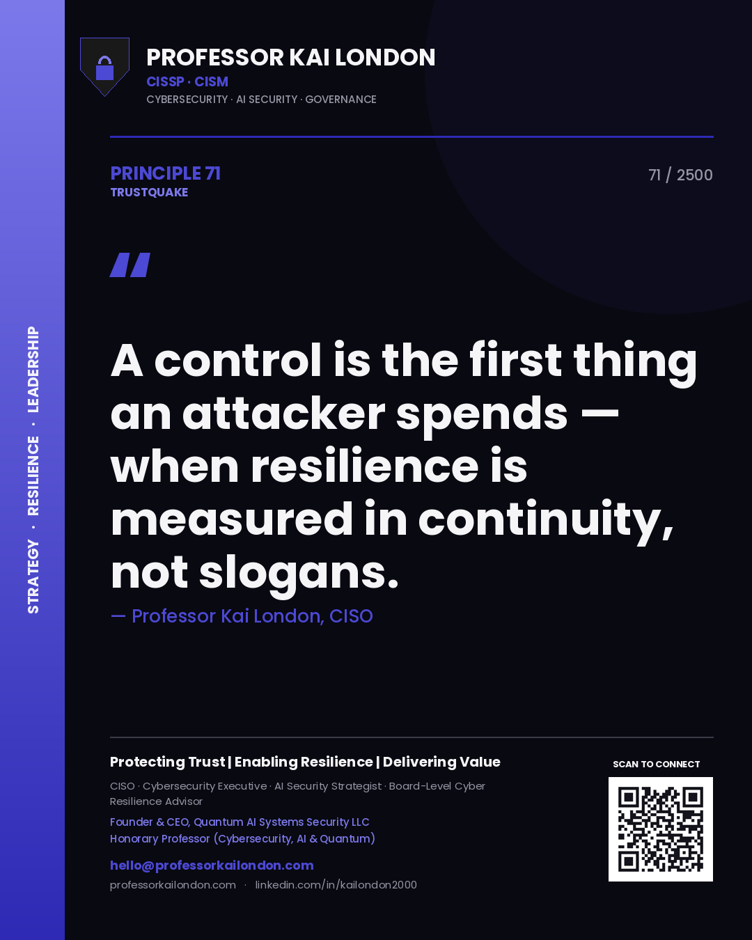 Quote card by Professor Kai London reading 'A control is the first thing an attacker spends — when resilience is measured in continuity, not slogans.'. From the book Trustquake.