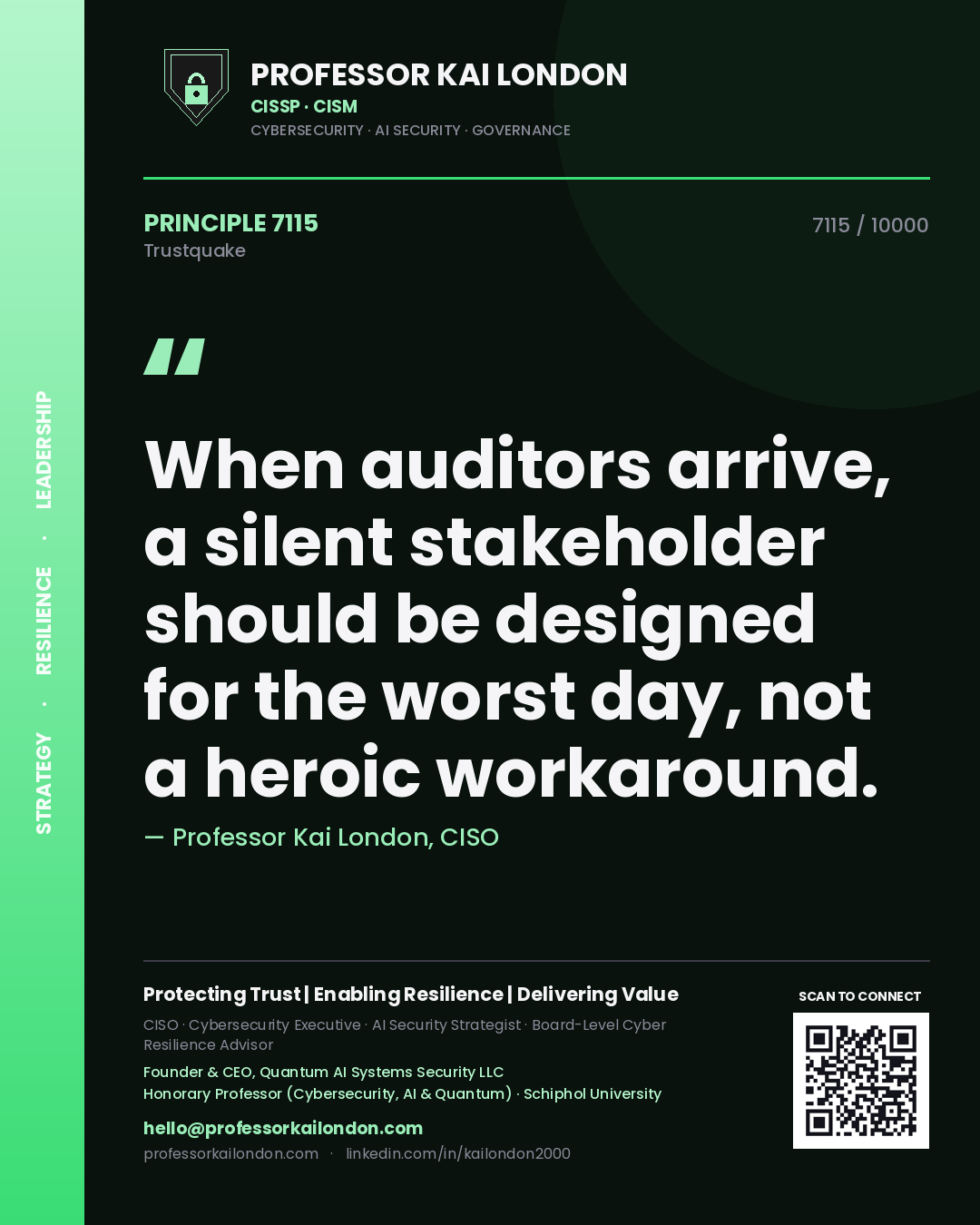 Quote card by Professor Kai London reading 'When auditors arrive, a silent stakeholder should be designed for the worst day, not a heroic workaround.'. From the book Trustquake.