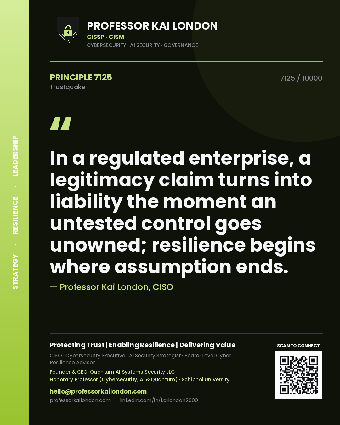 Quote card by Professor Kai London reading 'In a regulated enterprise, a legitimacy claim turns into liability the moment an untested control goes unowned; resilience begins where assumption ends.'. From the book Trustquake.
