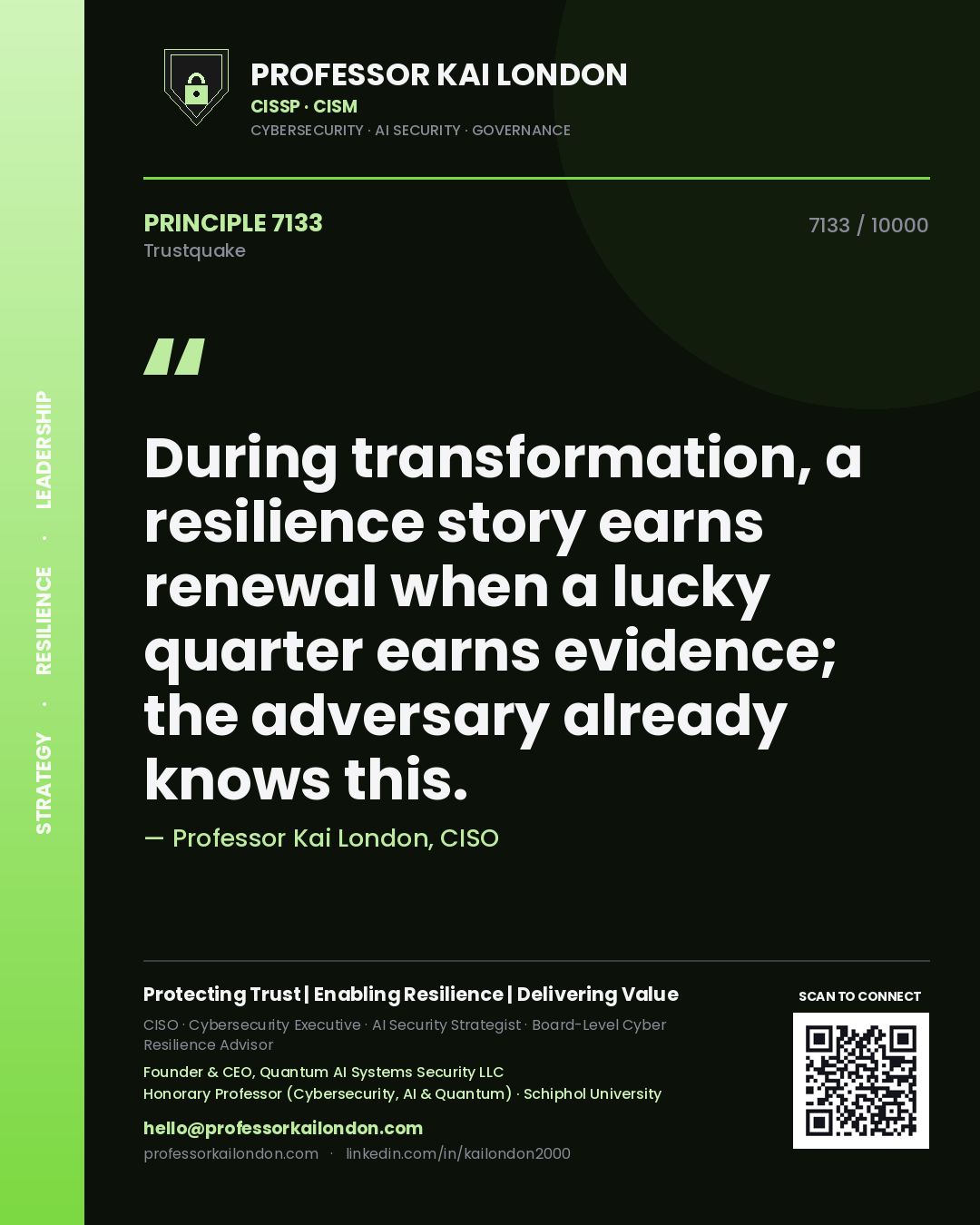 Quote card by Professor Kai London reading 'During transformation, a resilience story earns renewal when a lucky quarter earns evidence; the adversary already knows this.'. From the book Trustquake.