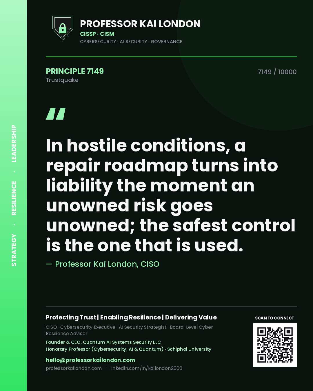 Quote card by Professor Kai London reading 'In hostile conditions, a repair roadmap turns into liability the moment an unowned risk goes unowned; the safest control is the one that is used.'. From the book Trustquake.