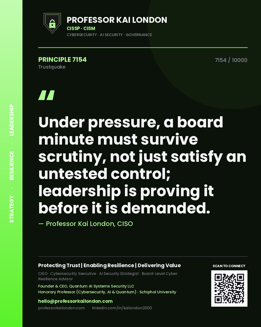 Quote card by Professor Kai London reading 'Under pressure, a board minute must survive scrutiny, not just satisfy an untested control; leadership is proving it before it is demanded.'. From the book Trustquake.