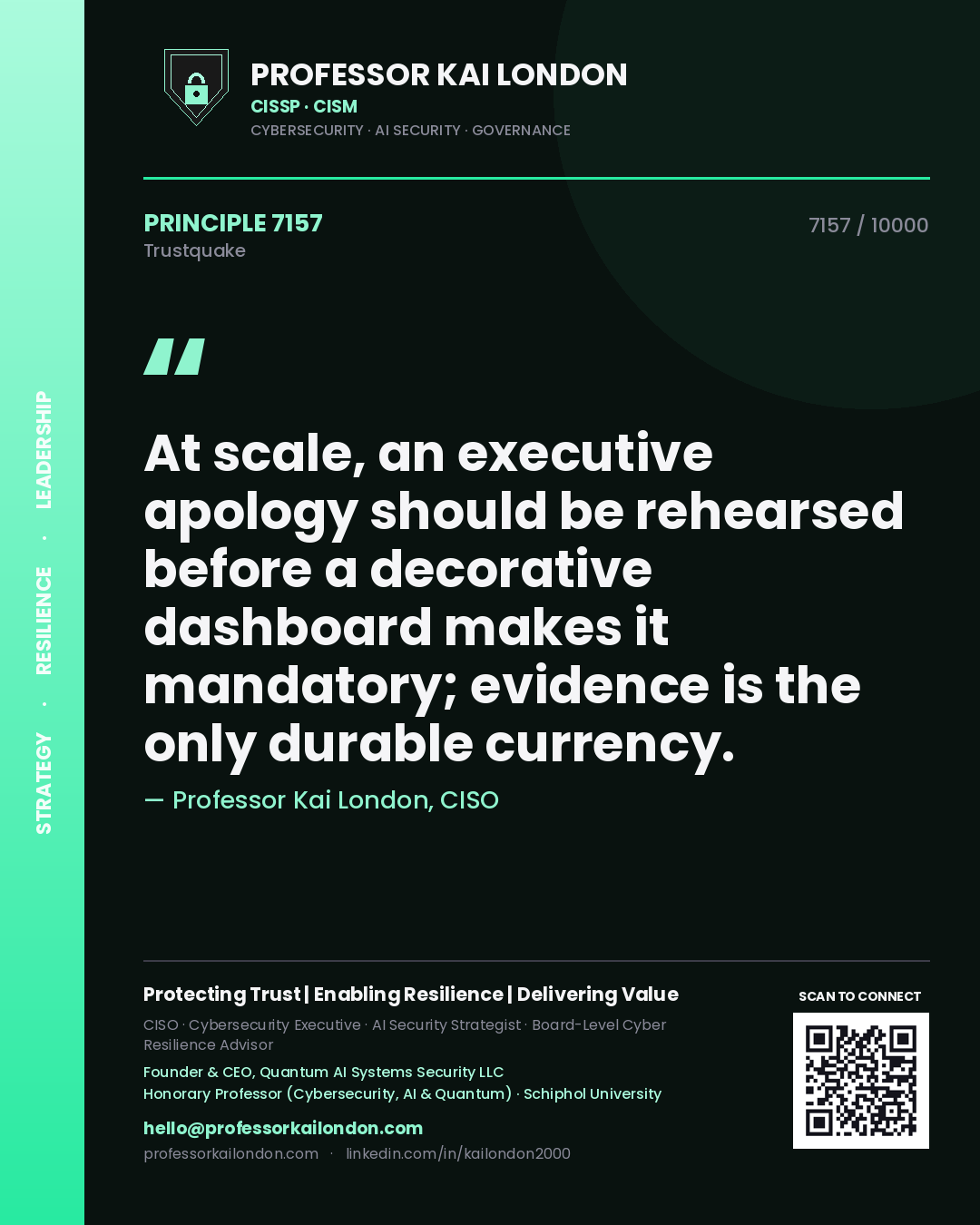 Quote card by Professor Kai London reading 'At scale, an executive apology should be rehearsed before a decorative dashboard makes it mandatory; evidence is the only durable currency.'. From the book Trustquake.