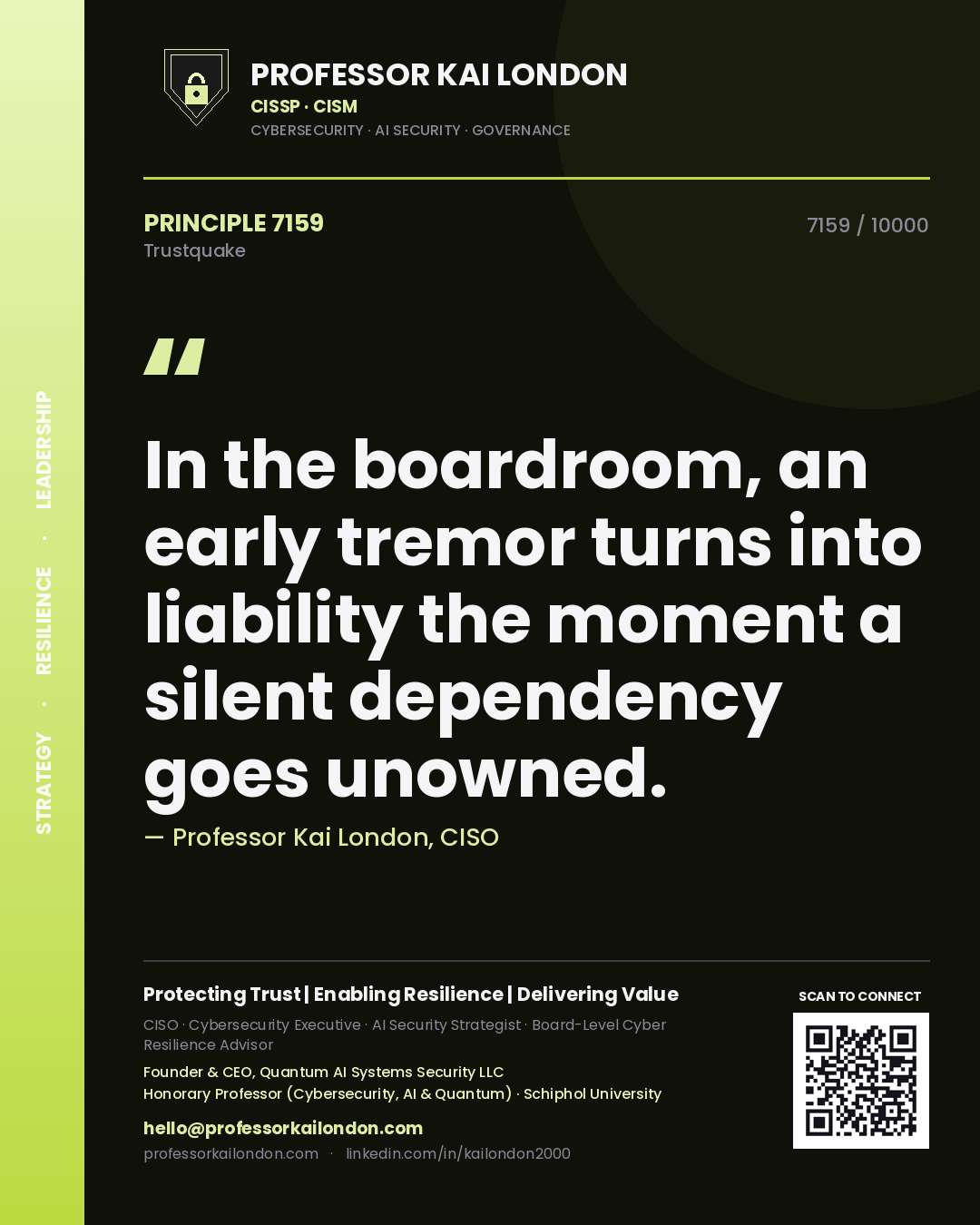 Quote card by Professor Kai London reading 'In the boardroom, an early tremor turns into liability the moment a silent dependency goes unowned.'. From the book Trustquake.