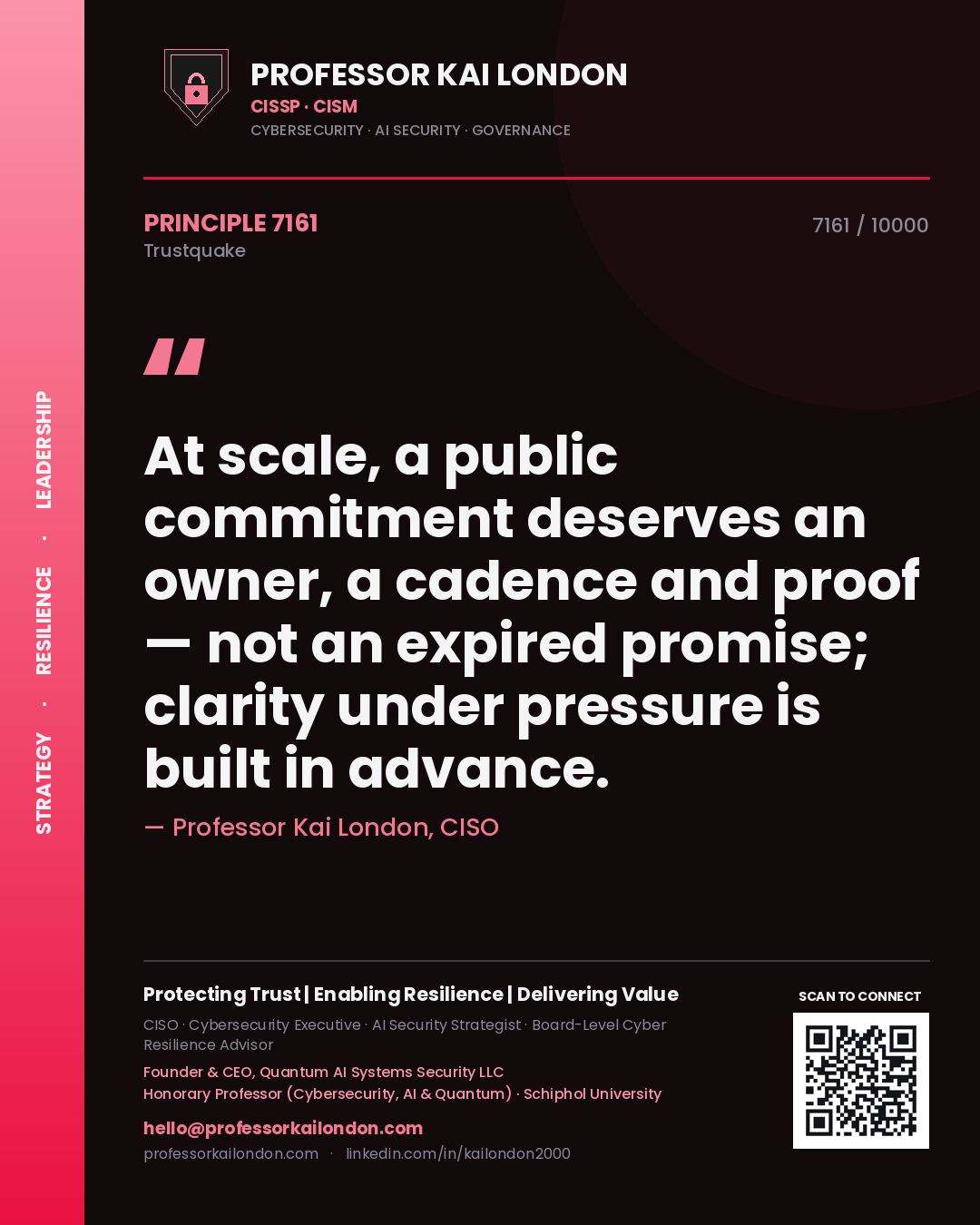 Quote card by Professor Kai London reading 'At scale, a public commitment deserves an owner, a cadence and proof — not an expired promise; clarity under pressure is built in advance.'. From the book Trustquake.