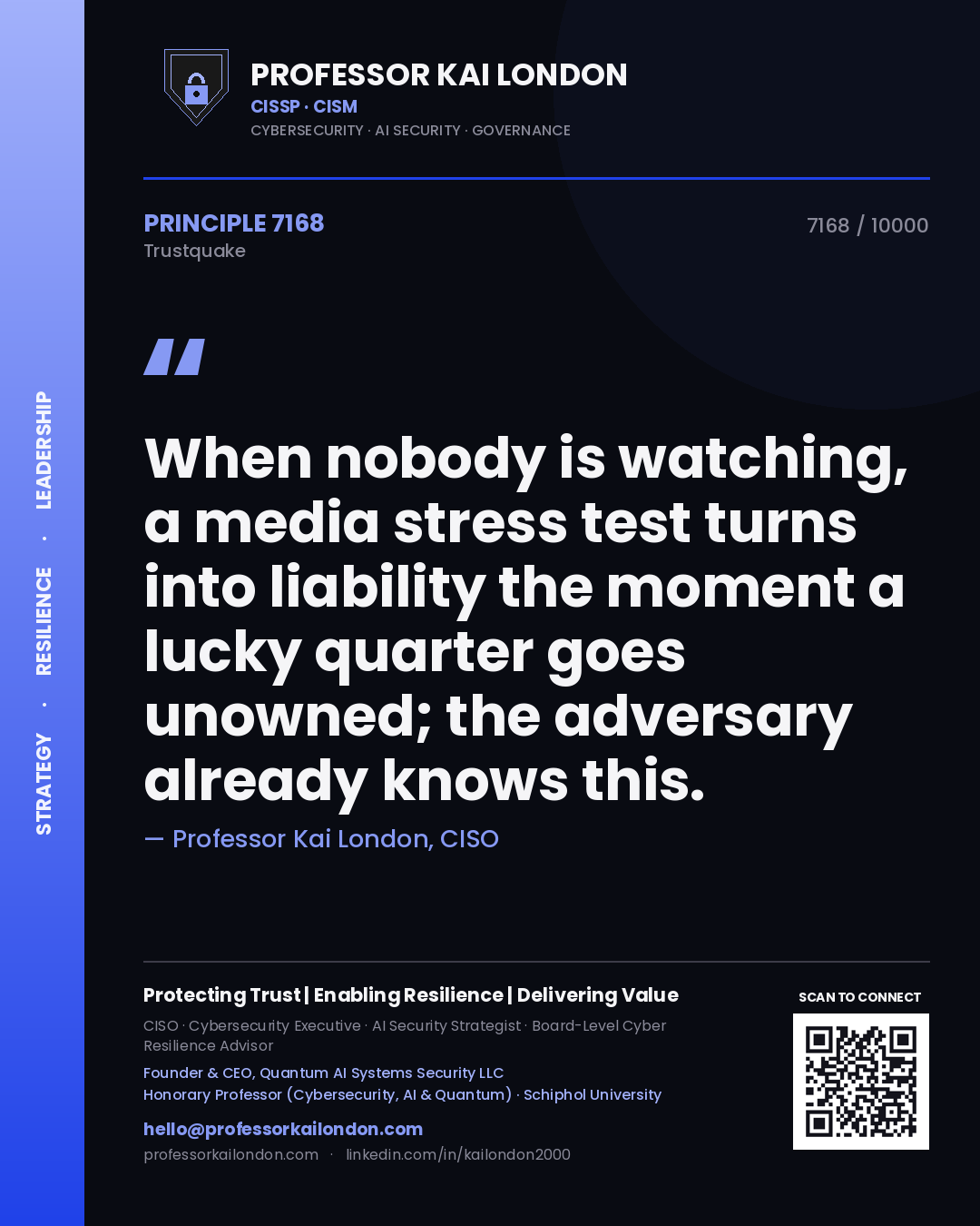 Quote card by Professor Kai London reading 'When nobody is watching, a media stress test turns into liability the moment a lucky quarter goes unowned; the adversary already knows this.'. From the book Trustquake.