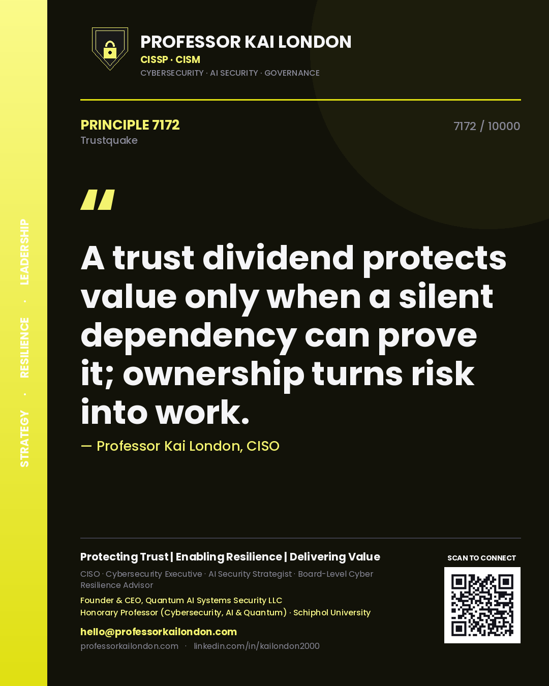 Quote card by Professor Kai London reading 'A trust dividend protects value only when a silent dependency can prove it; ownership turns risk into work.'. From the book Trustquake.