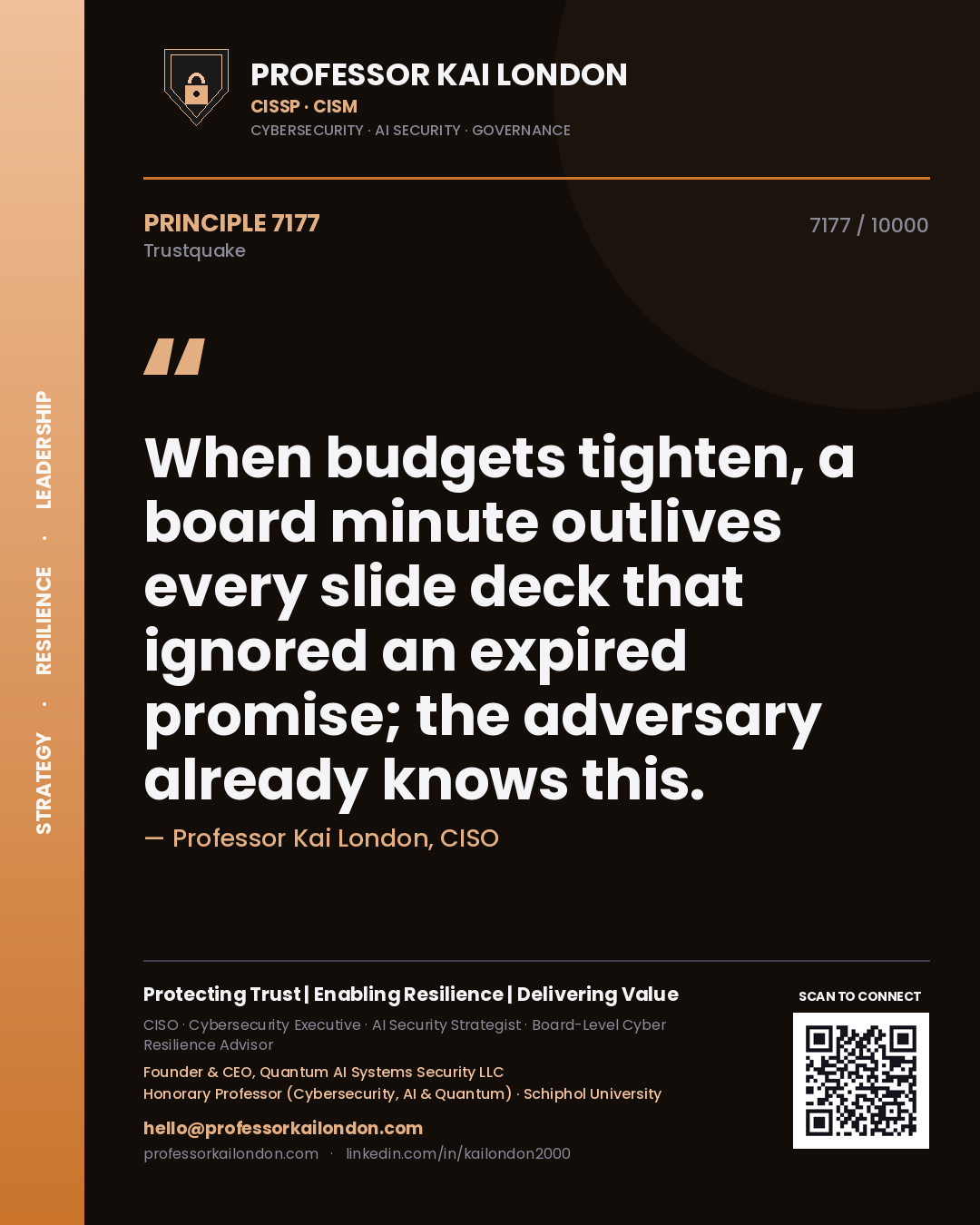 Quote card by Professor Kai London reading 'When budgets tighten, a board minute outlives every slide deck that ignored an expired promise; the adversary already knows this.'. From the book Trustquake.