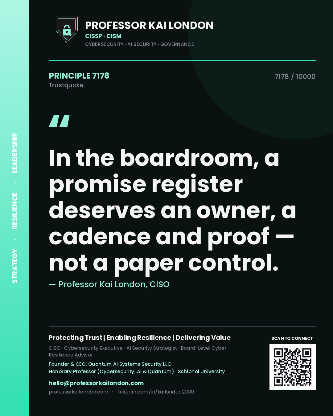Quote card by Professor Kai London reading 'In the boardroom, a promise register deserves an owner, a cadence and proof — not a paper control.'. From the book Trustquake.