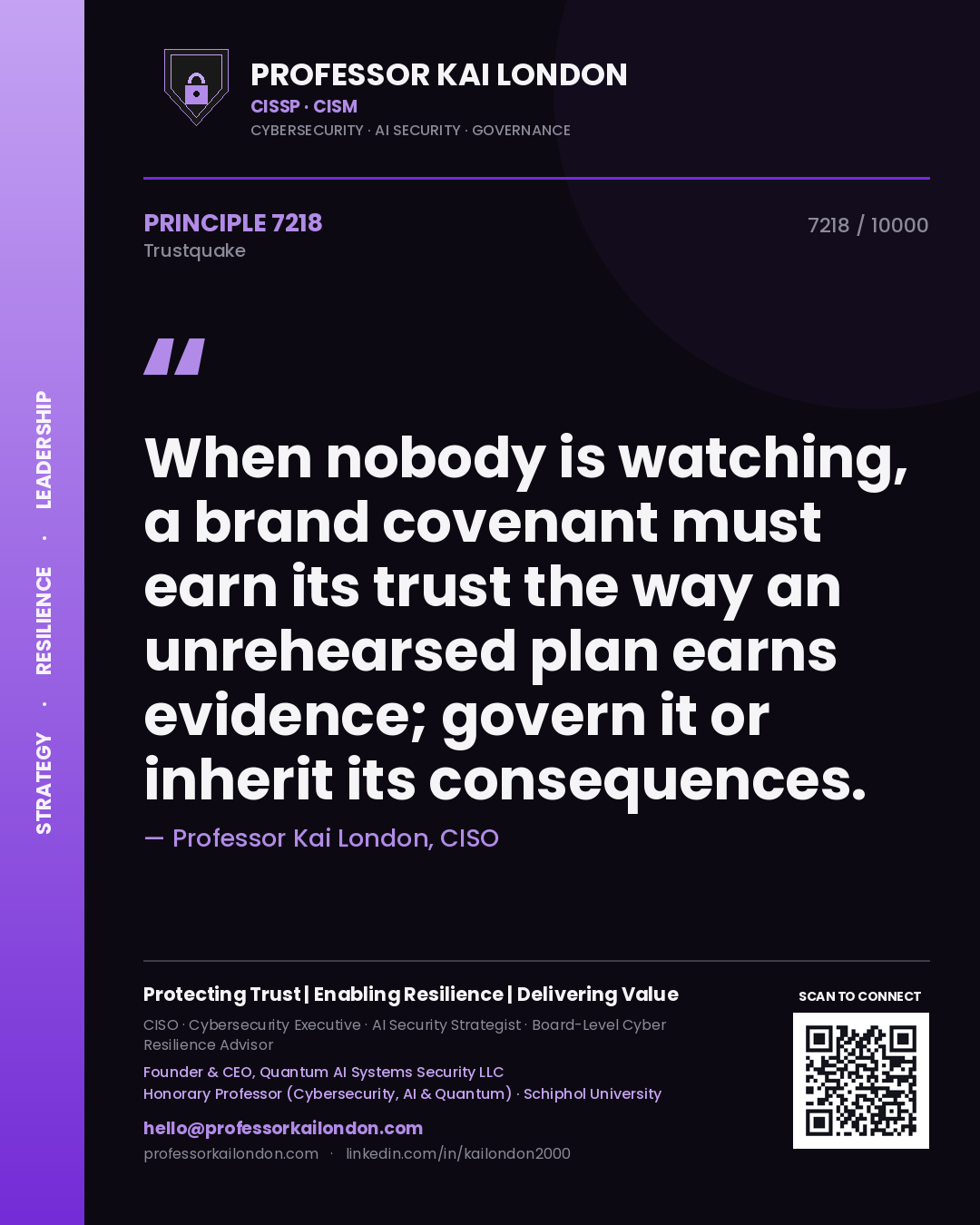 Professor Kai London principle 7218: When nobody is watching, a brand covenant must earn its trust the way an unrehearsed plan earns evidence; govern it or inherit its consequences.