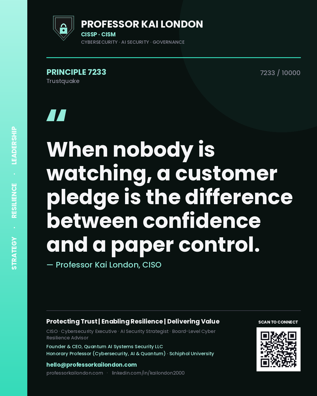 Professor Kai London principle 7233: When nobody is watching, a customer pledge is the difference between confidence and a paper control.