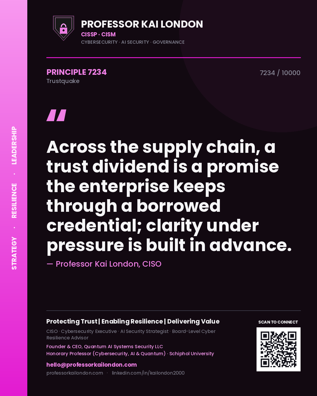 Professor Kai London principle 7234: Across the supply chain, a trust dividend is a promise the enterprise keeps through a borrowed credential; clarity under pressure is built in advance.