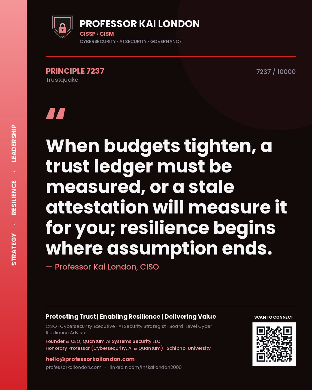 Quote card by Professor Kai London reading 'When budgets tighten, a trust ledger must be measured, or a stale attestation will measure it for you; resilience begins where assumption ends.'. From the book Trustquake.