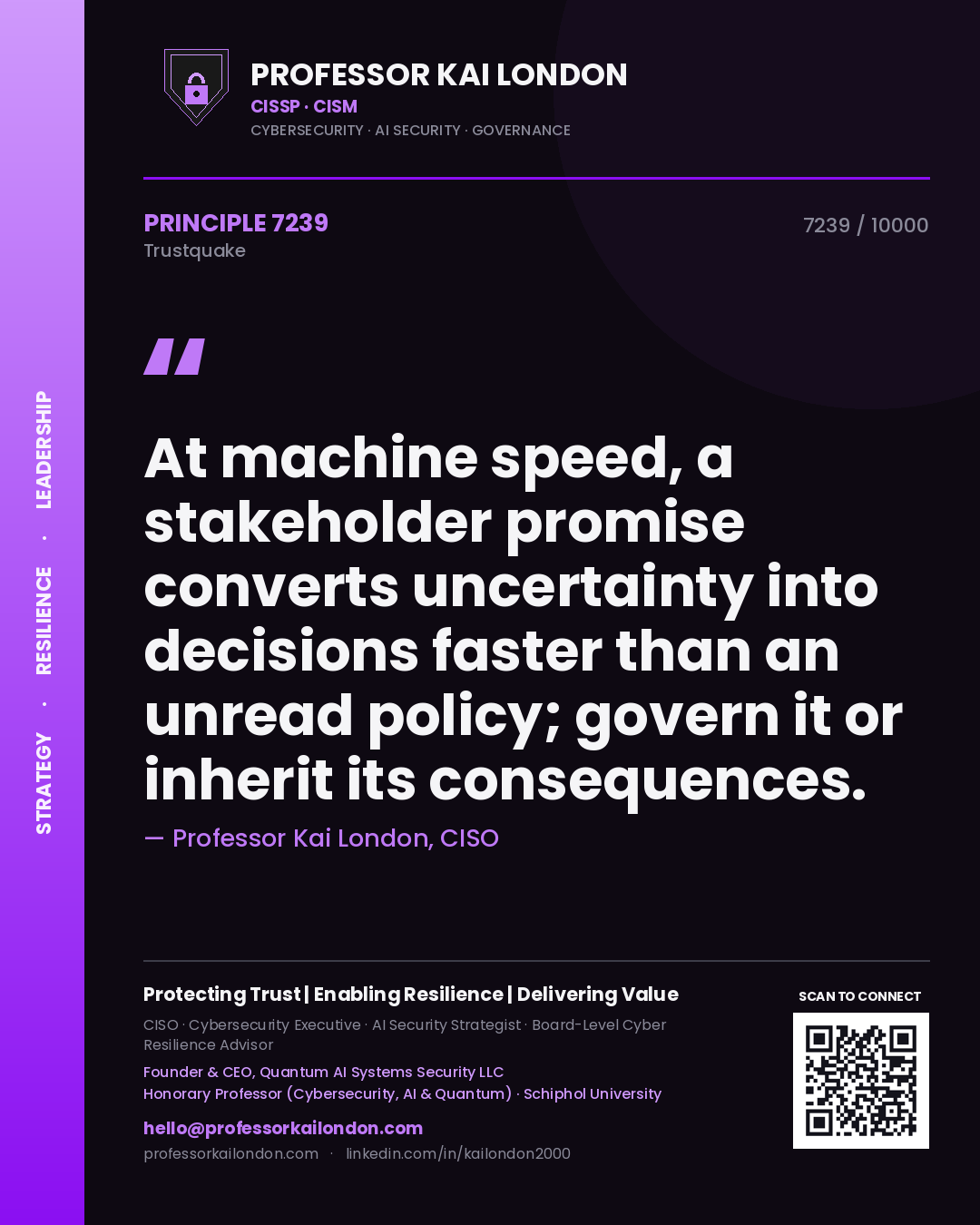 Quote card by Professor Kai London reading 'At machine speed, a stakeholder promise converts uncertainty into decisions faster than an unread policy; govern it or inherit its consequences.'. From the book Trustquake.