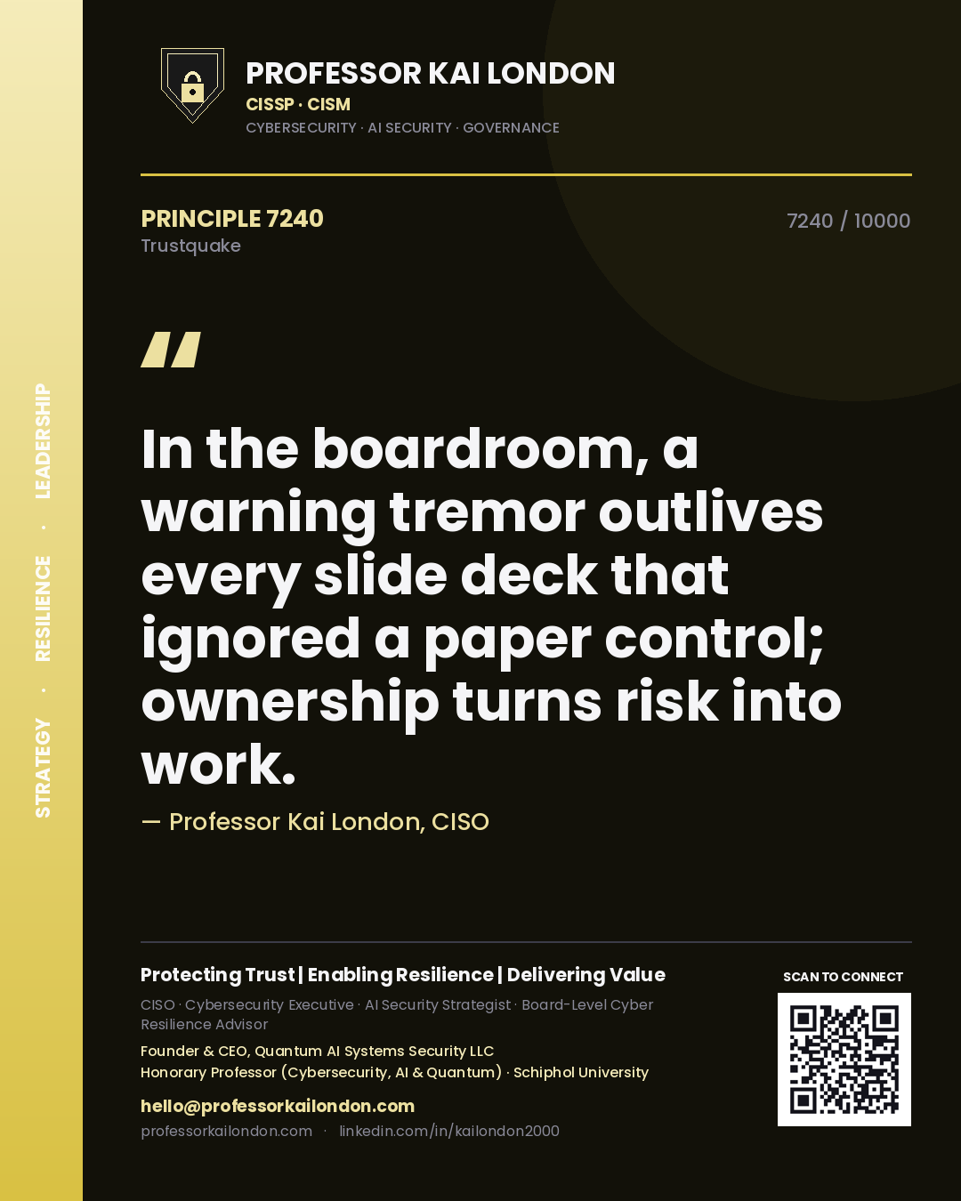 Professor Kai London principle 7240: In the boardroom, a warning tremor outlives every slide deck that ignored a paper control; ownership turns risk into work.