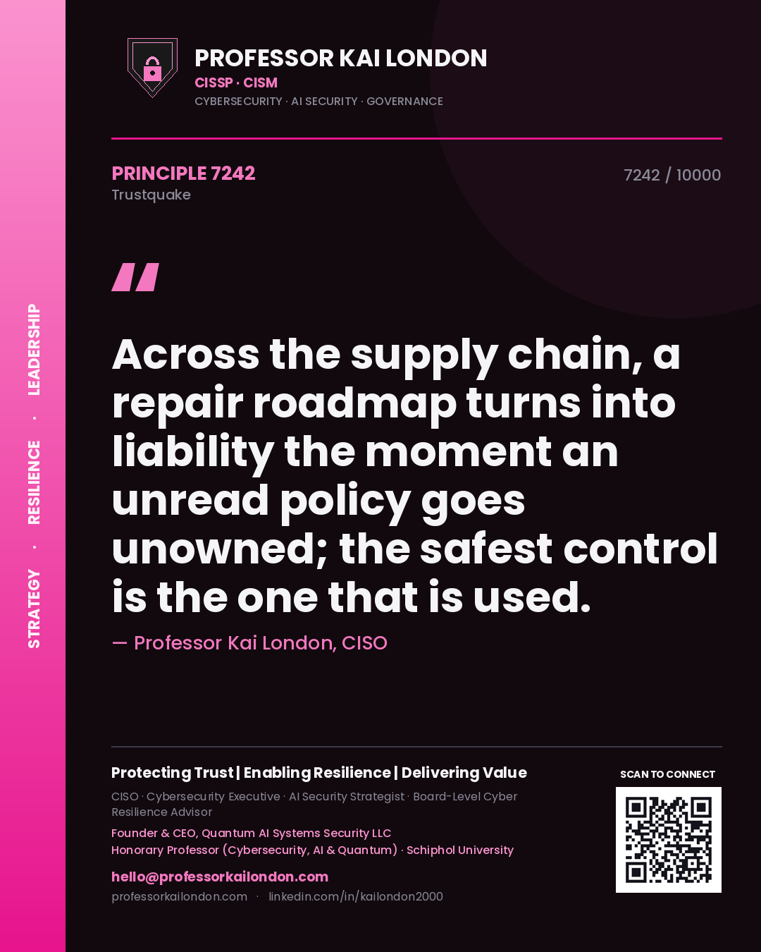 Quote card by Professor Kai London reading 'Across the supply chain, a repair roadmap turns into liability the moment an unread policy goes unowned; the safest control is the one that is used.'. From the book Trustquake.