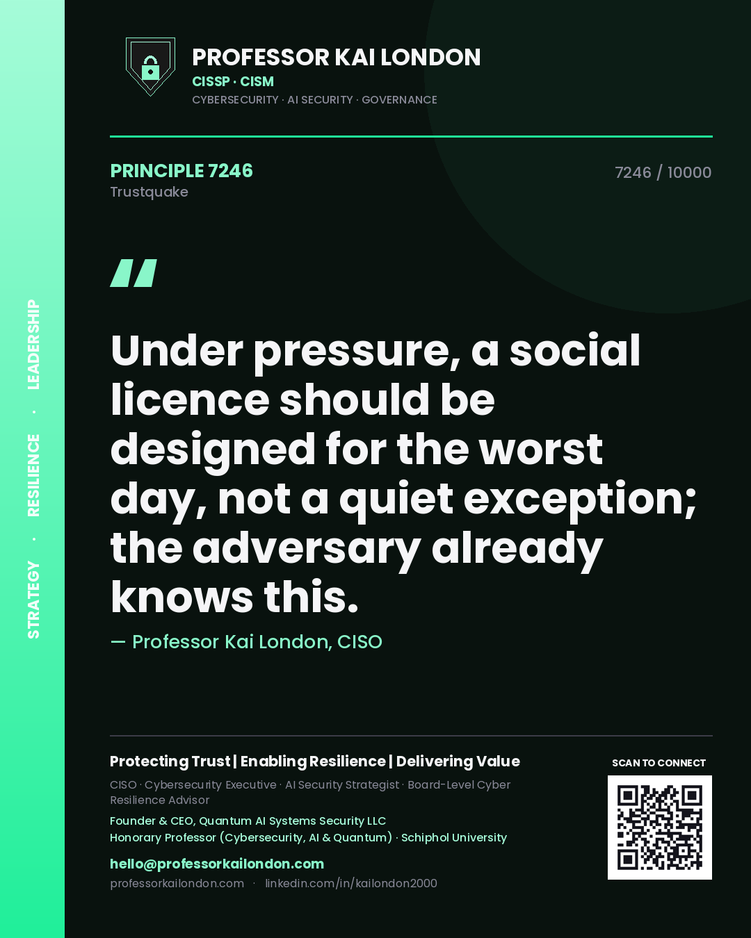 Professor Kai London principle 7246: Under pressure, a social licence should be designed for the worst day, not a quiet exception; the adversary already knows this.