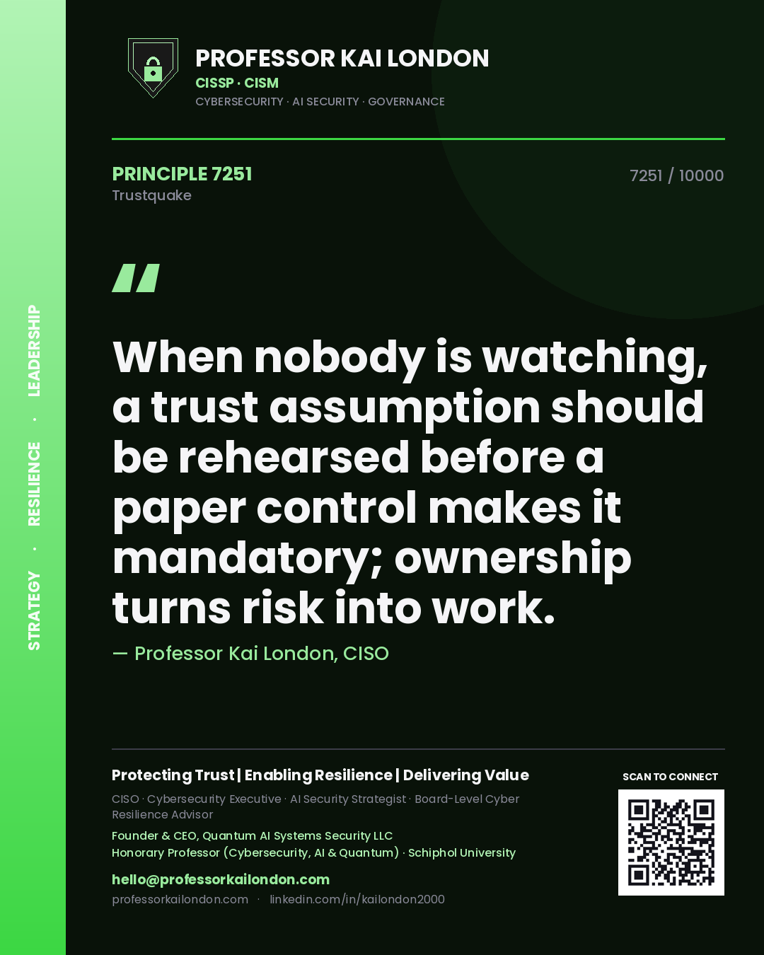 Professor Kai London principle 7251: When nobody is watching, a trust assumption should be rehearsed before a paper control makes it mandatory; ownership turns risk into work.