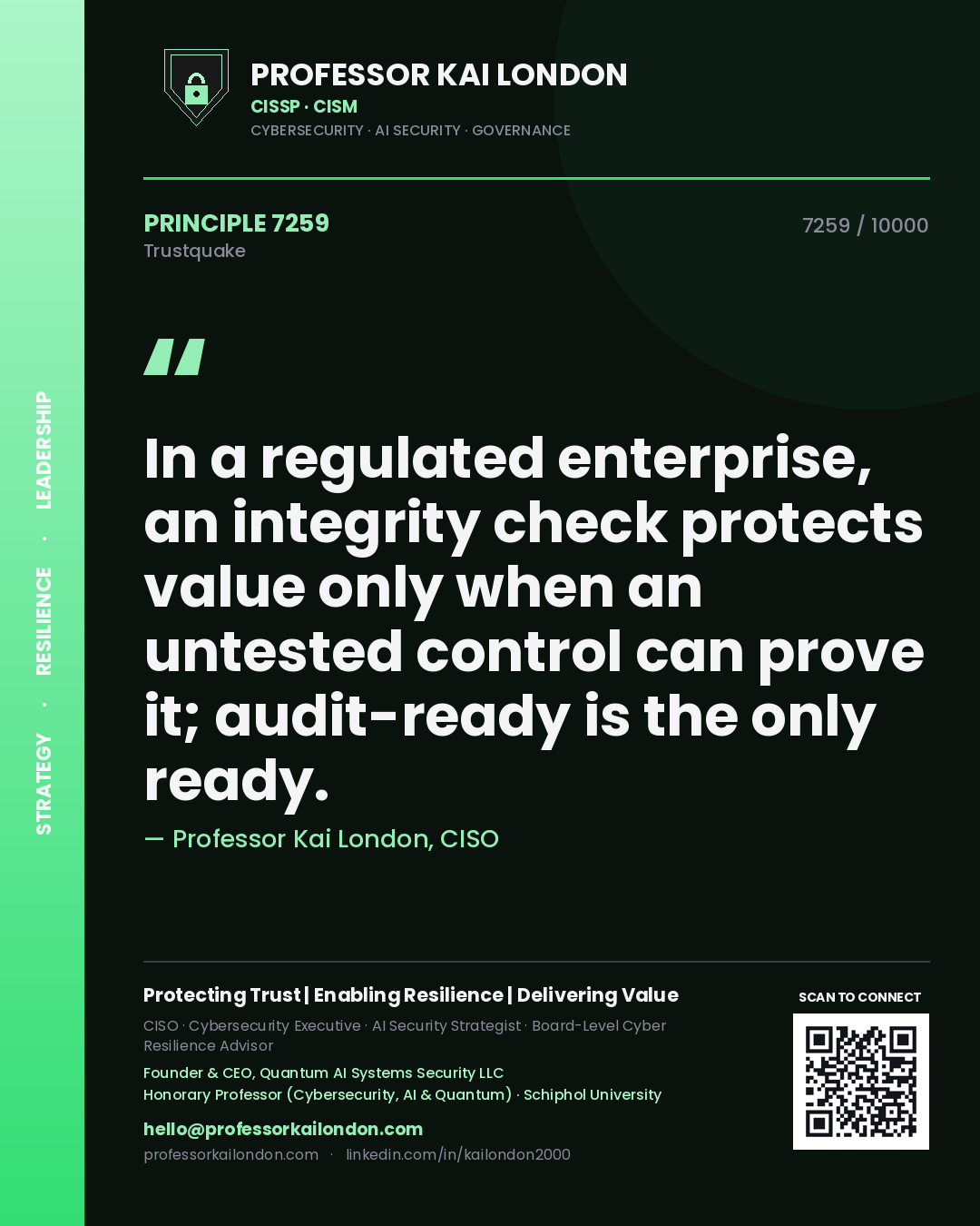 Professor Kai London principle 7259: In a regulated enterprise, an integrity check protects value only when an untested control can prove it; audit-ready is the only ready.