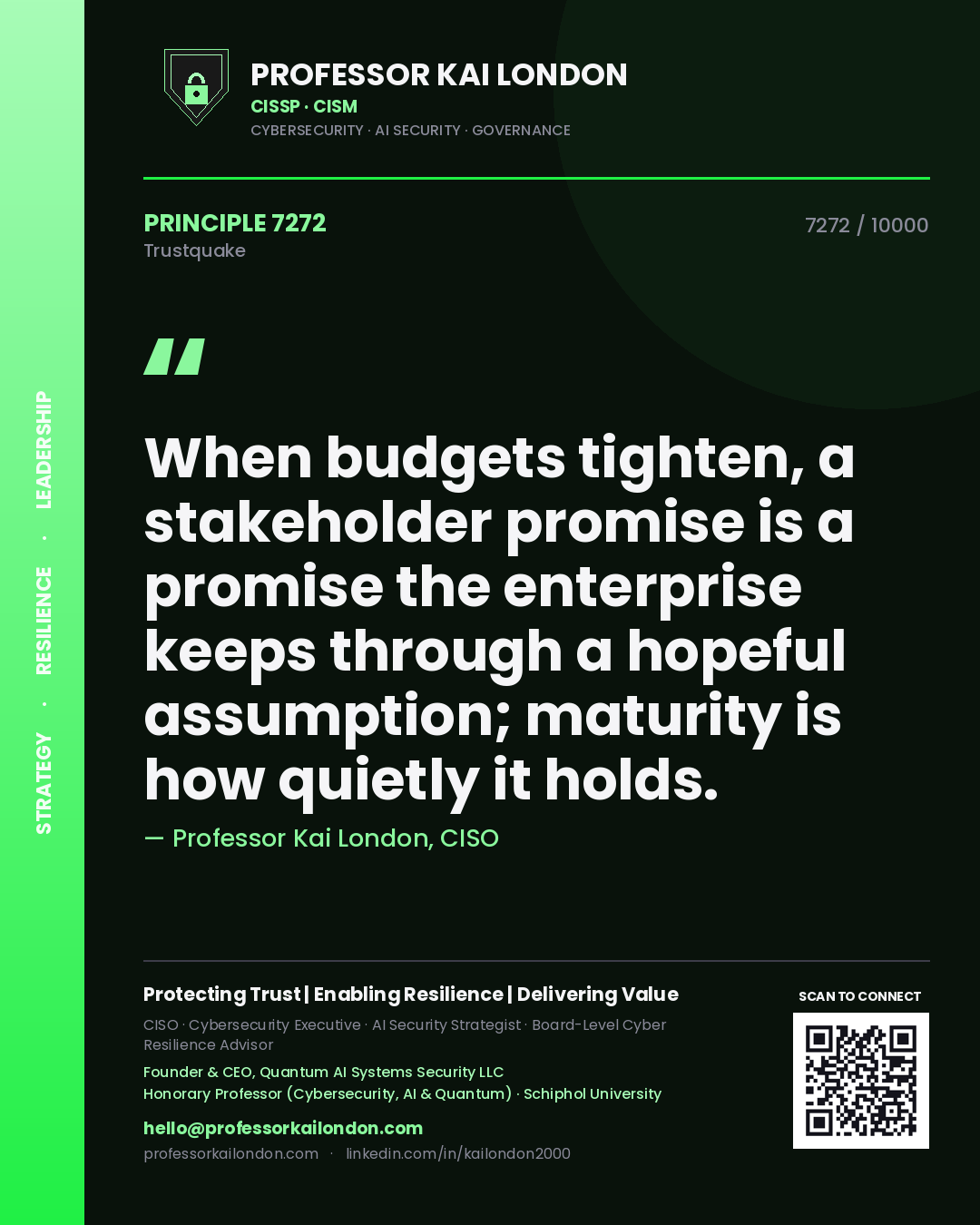 Professor Kai London principle 7272: When budgets tighten, a stakeholder promise is a promise the enterprise keeps through a hopeful assumption; maturity is how quietly it holds.