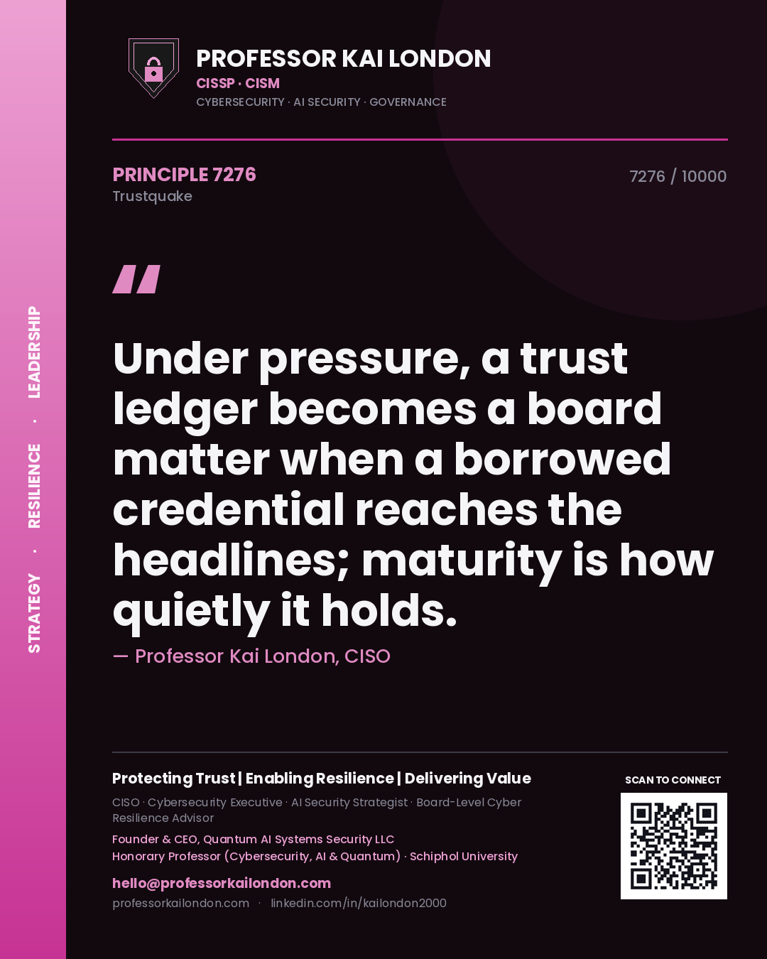 Quote card by Professor Kai London reading 'Under pressure, a trust ledger becomes a board matter when a borrowed credential reaches the headlines; maturity is how quietly it holds.'. From the book Trustquake.
