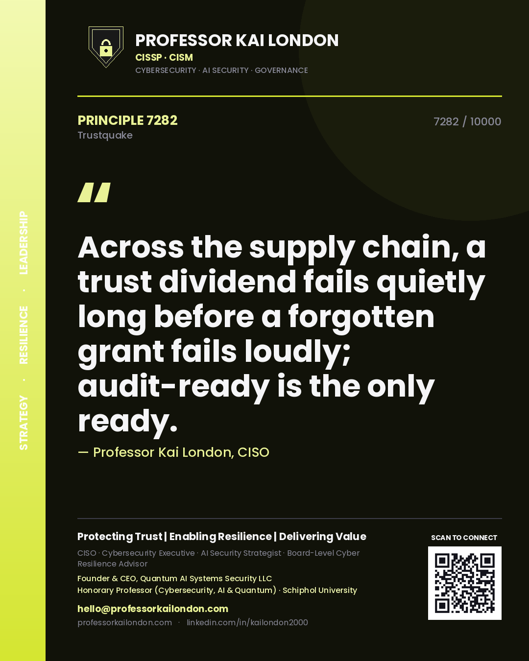 Quote card by Professor Kai London reading 'Across the supply chain, a trust dividend fails quietly long before a forgotten grant fails loudly; audit-ready is the only ready.'. From the book Trustquake.