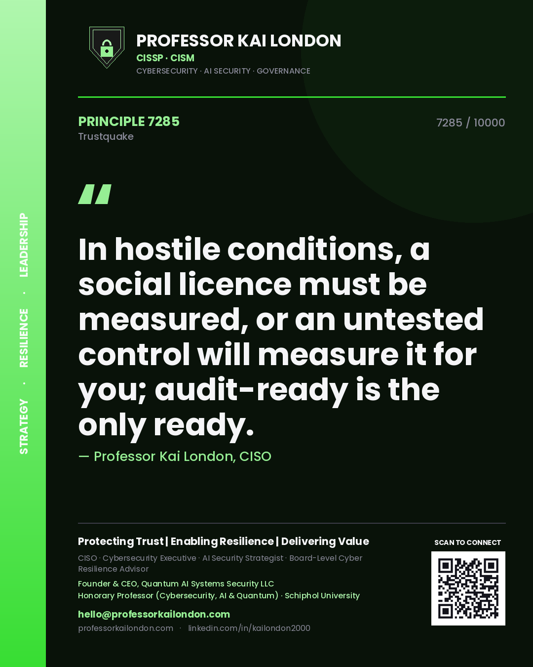 Quote card by Professor Kai London reading 'In hostile conditions, a social licence must be measured, or an untested control will measure it for you; audit-ready is the only ready.'. From the book Trustquake.
