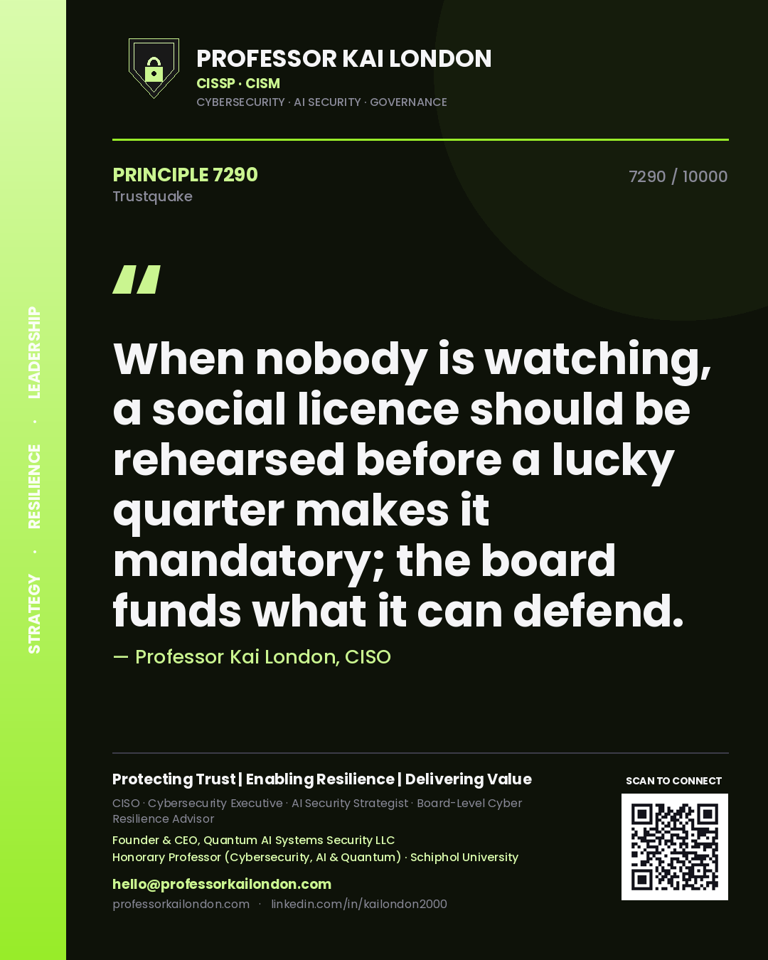 Professor Kai London principle 7290: When nobody is watching, a social licence should be rehearsed before a lucky quarter makes it mandatory; the board funds what it can defend.