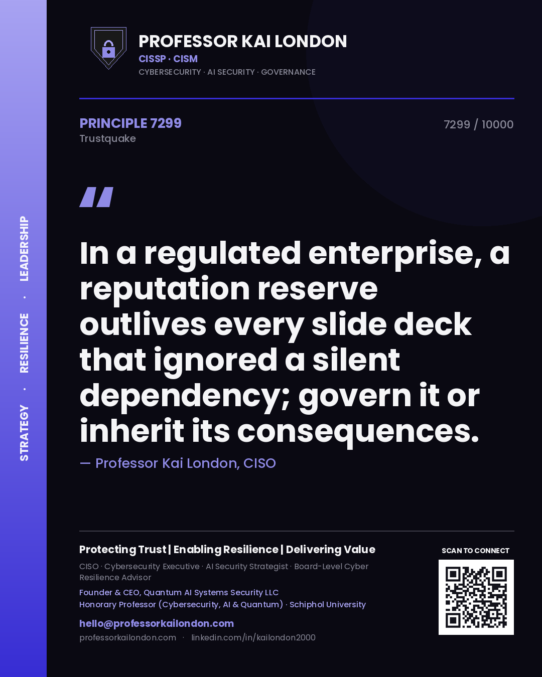 Professor Kai London principle 7299: In a regulated enterprise, a reputation reserve outlives every slide deck that ignored a silent dependency; govern it or inherit its consequences.