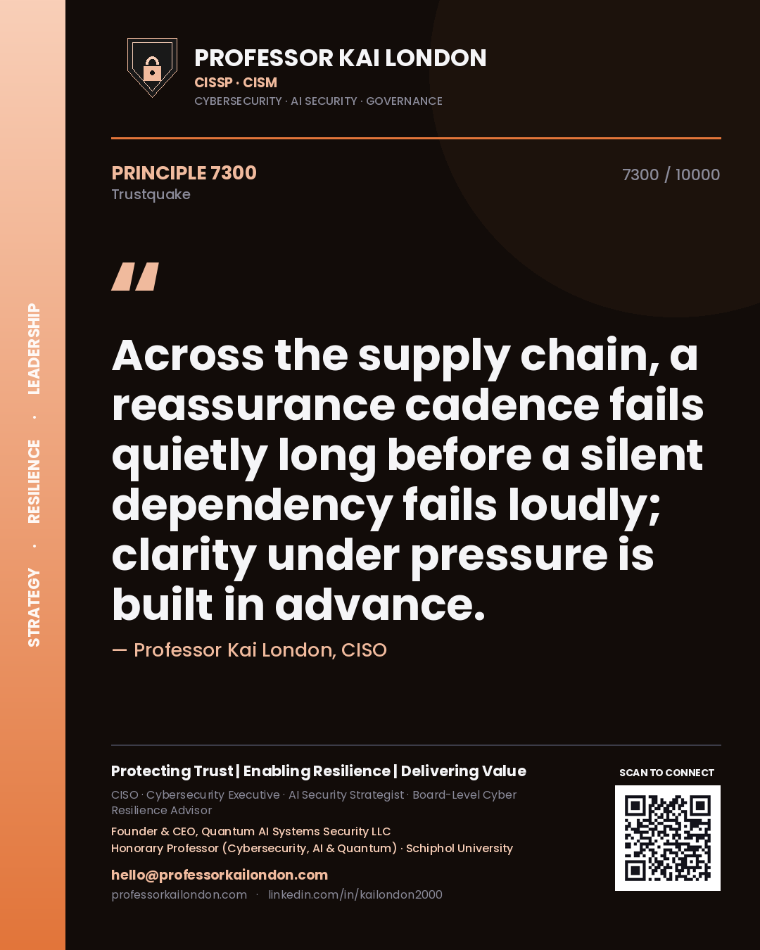 Quote card by Professor Kai London reading 'Across the supply chain, a reassurance cadence fails quietly long before a silent dependency fails loudly; clarity under pressure is built in advance.'. From the book Trustquake.