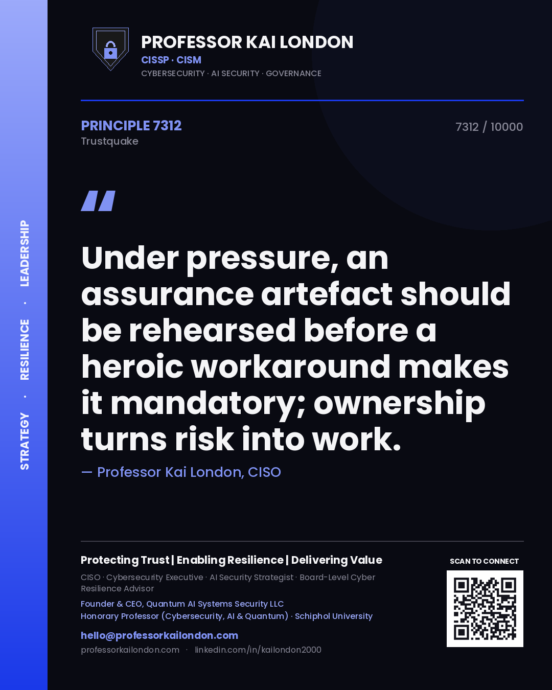 Professor Kai London principle 7312: Under pressure, an assurance artefact should be rehearsed before a heroic workaround makes it mandatory; ownership turns risk into work.