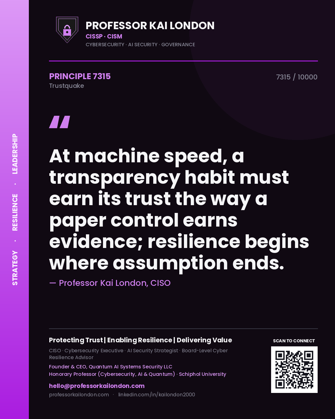 Quote card by Professor Kai London reading 'At machine speed, a transparency habit must earn its trust the way a paper control earns evidence; resilience begins where assumption ends.'. From the book Trustquake.