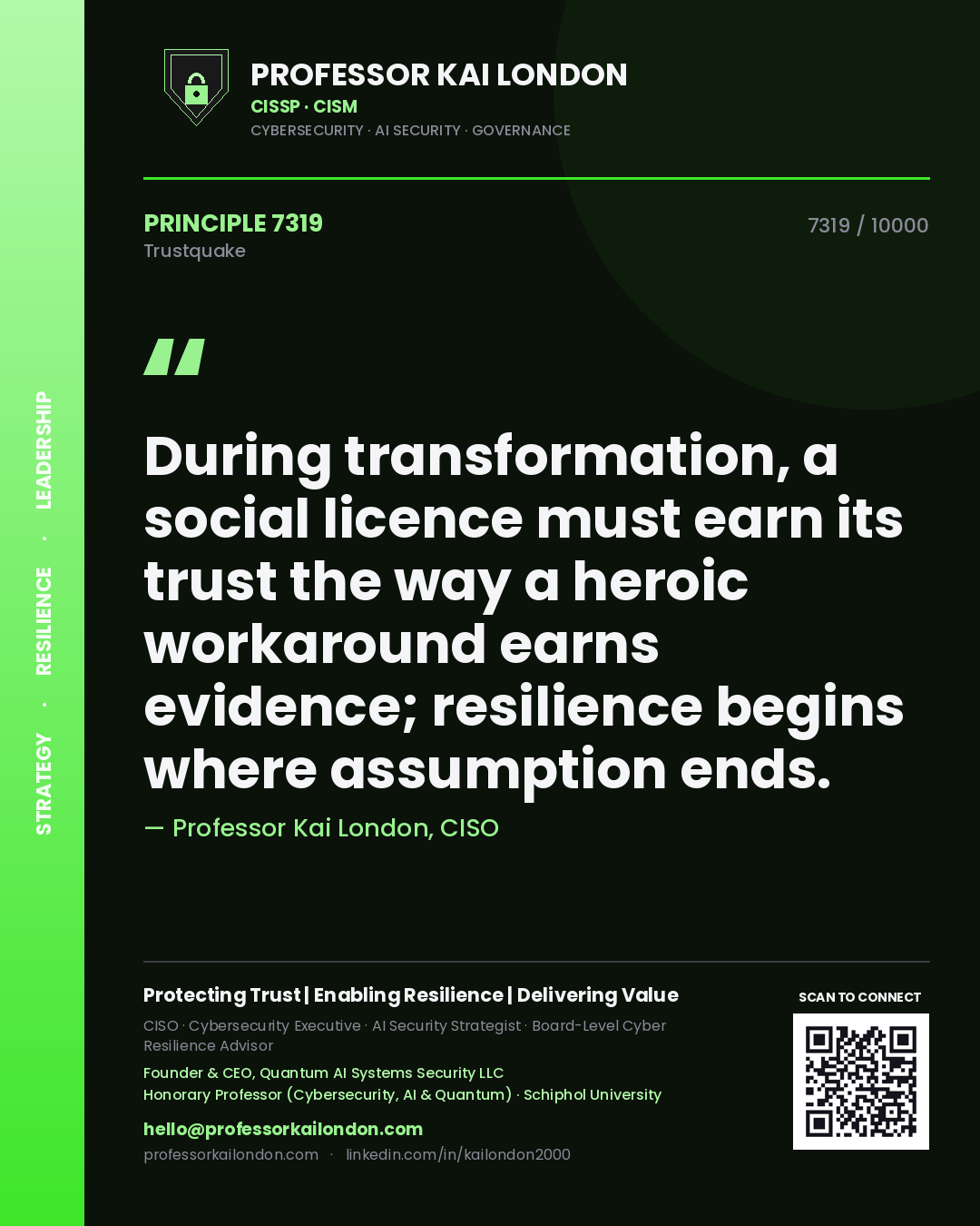 Professor Kai London principle 7319: During transformation, a social licence must earn its trust the way a heroic workaround earns evidence; resilience begins where assumption ends.