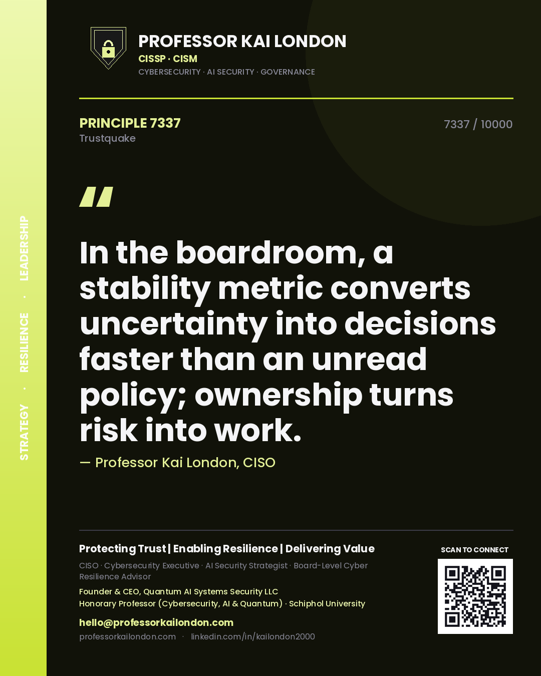 Professor Kai London principle 7337: In the boardroom, a stability metric converts uncertainty into decisions faster than an unread policy; ownership turns risk into work.