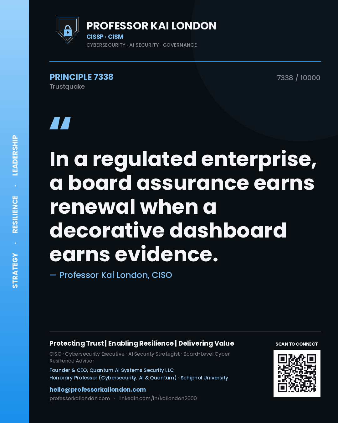 Professor Kai London principle 7338: In a regulated enterprise, a board assurance earns renewal when a decorative dashboard earns evidence.