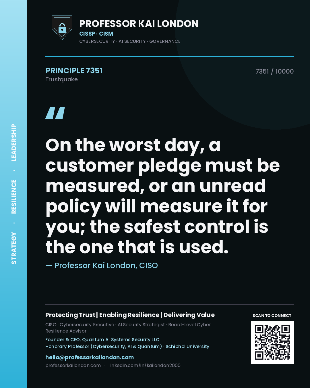 Professor Kai London principle 7351: On the worst day, a customer pledge must be measured, or an unread policy will measure it for you; the safest control is the one that is used.