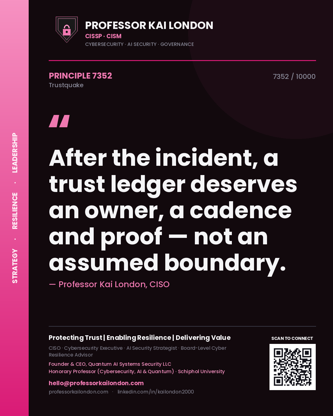 Quote card by Professor Kai London reading 'After the incident, a trust ledger deserves an owner, a cadence and proof — not an assumed boundary.'. From the book Trustquake.