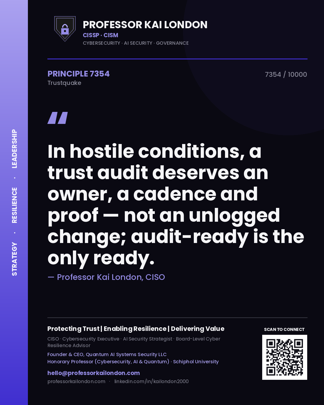 Professor Kai London principle 7354: In hostile conditions, a trust audit deserves an owner, a cadence and proof — not an unlogged change; audit-ready is the only ready.