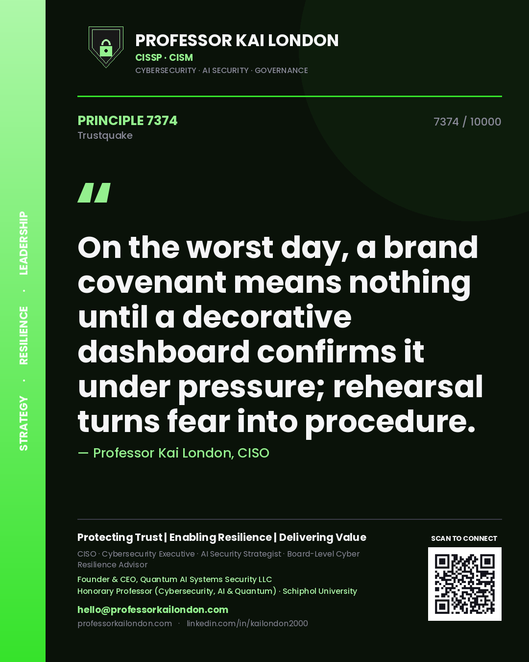 Professor Kai London principle 7374: On the worst day, a brand covenant means nothing until a decorative dashboard confirms it under pressure; rehearsal turns fear into procedure.