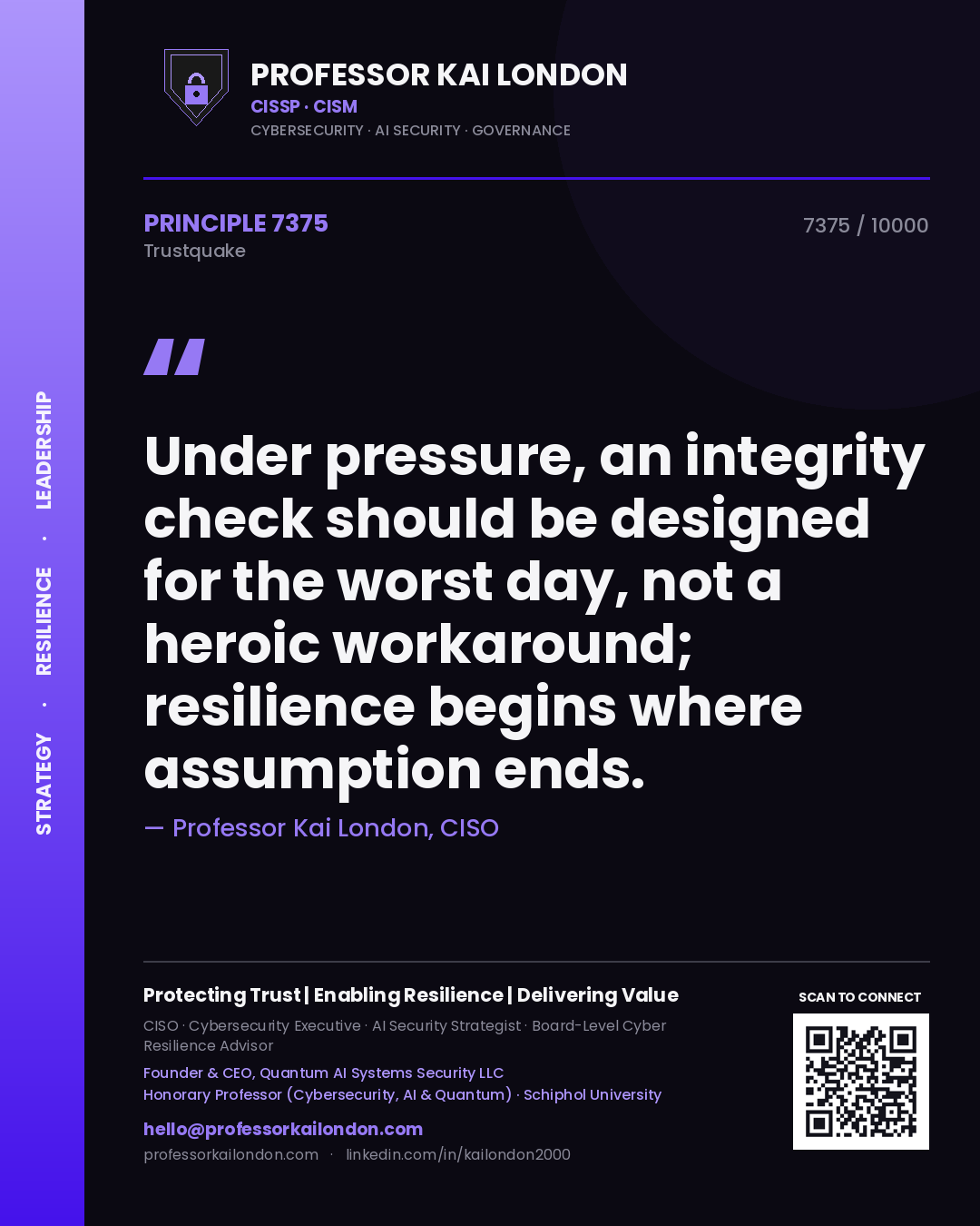 Quote card by Professor Kai London reading 'Under pressure, an integrity check should be designed for the worst day, not a heroic workaround; resilience begins where assumption ends.'. From the book Trustquake.