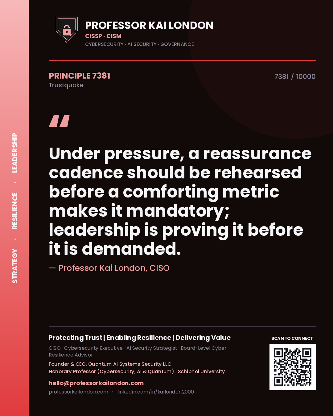 Professor Kai London principle 7381: Under pressure, a reassurance cadence should be rehearsed before a comforting metric makes it mandatory; leadership is proving it before it is demanded.