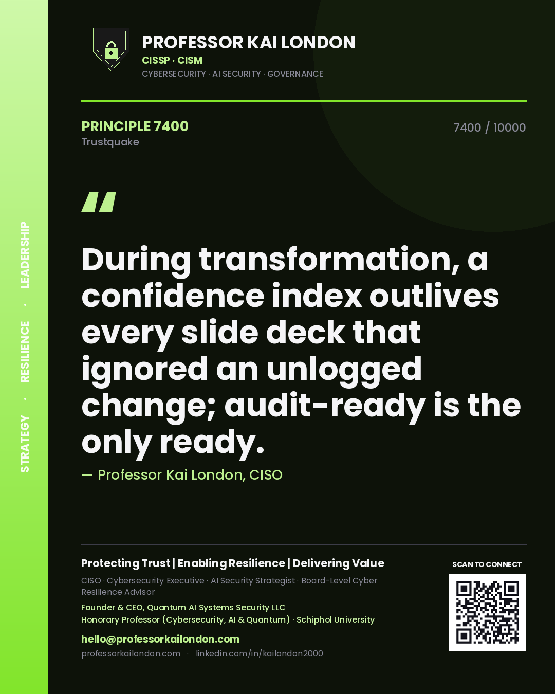 Professor Kai London principle 7400: During transformation, a confidence index outlives every slide deck that ignored an unlogged change; audit-ready is the only ready.