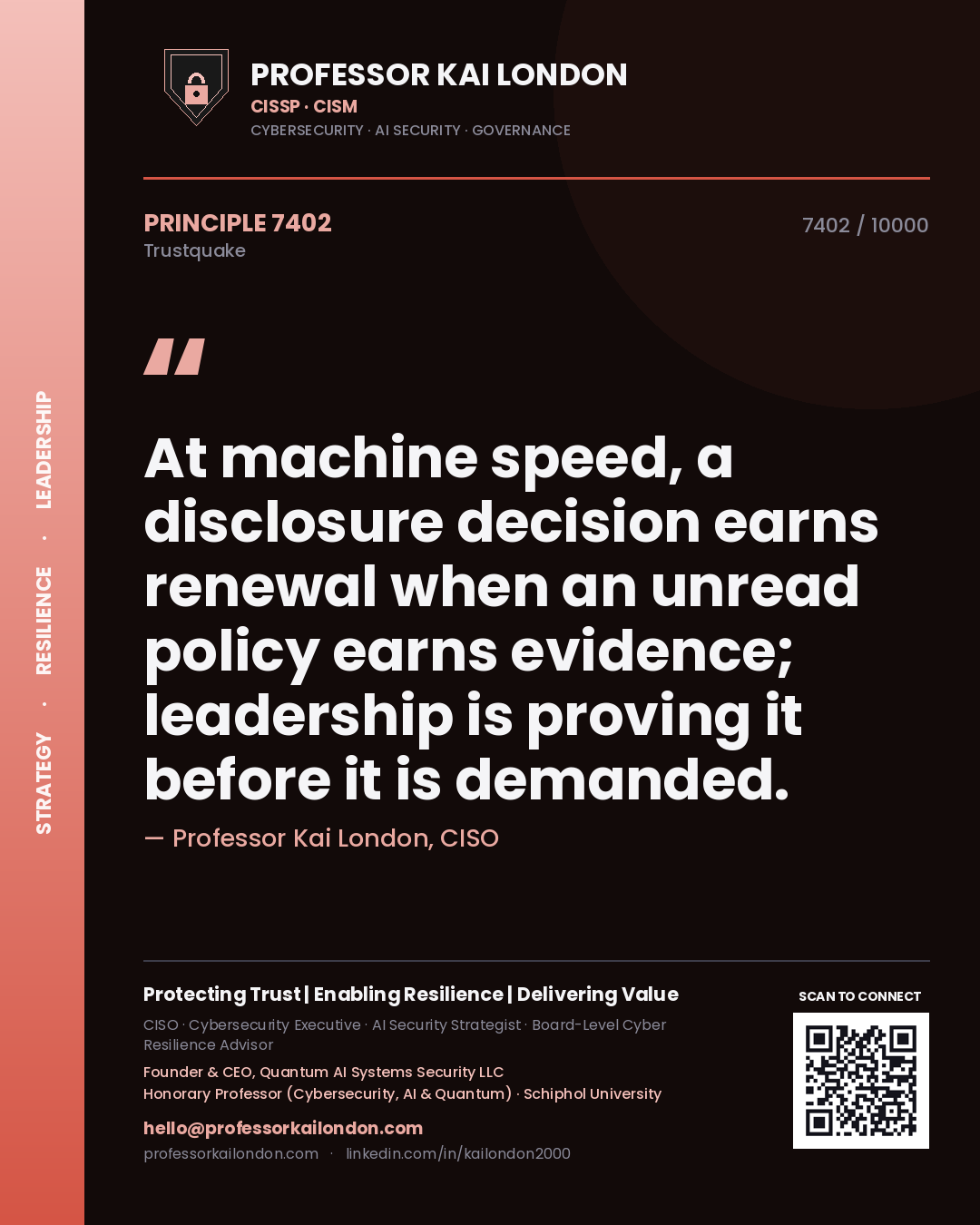 Quote card by Professor Kai London reading 'At machine speed, a disclosure decision earns renewal when an unread policy earns evidence; leadership is proving it before it is demanded.'. From the book Trustquake.