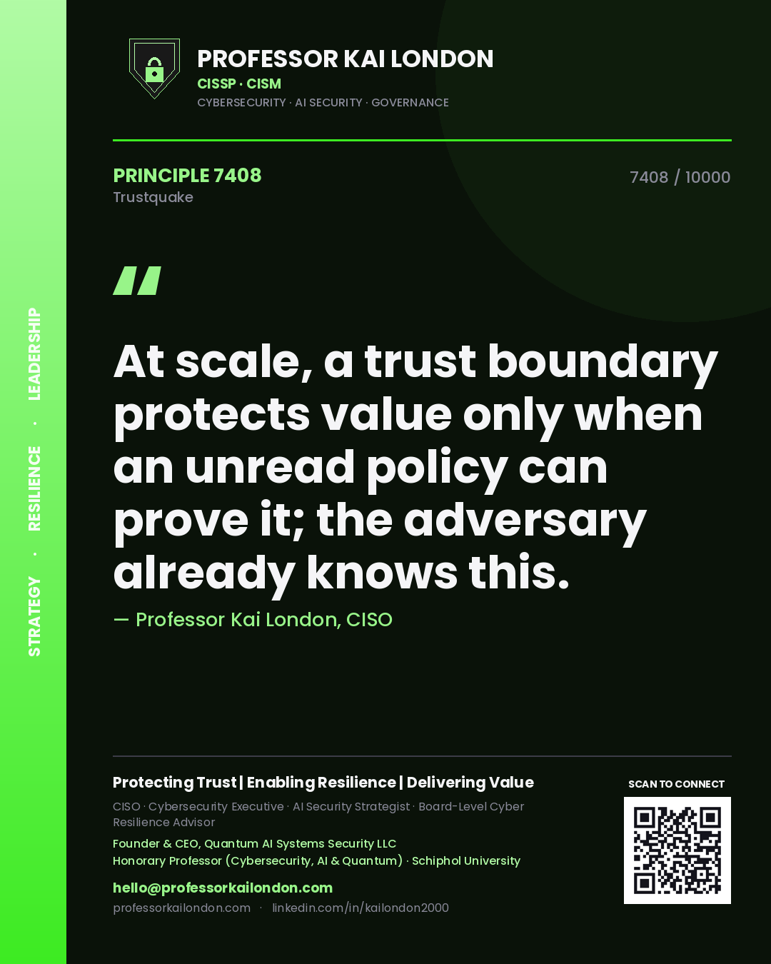 Professor Kai London principle 7408: At scale, a trust boundary protects value only when an unread policy can prove it; the adversary already knows this.