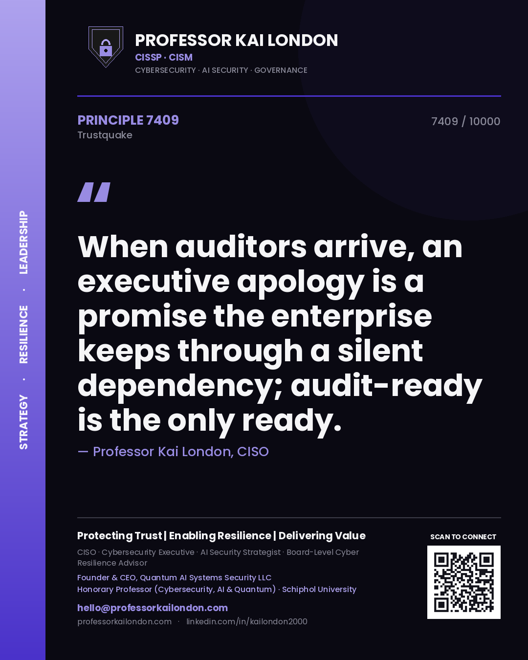 Professor Kai London principle 7409: When auditors arrive, an executive apology is a promise the enterprise keeps through a silent dependency; audit-ready is the only ready.