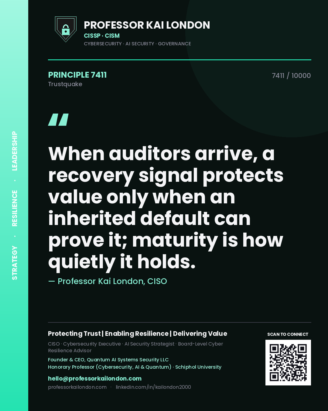 Professor Kai London principle 7411: When auditors arrive, a recovery signal protects value only when an inherited default can prove it; maturity is how quietly it holds.