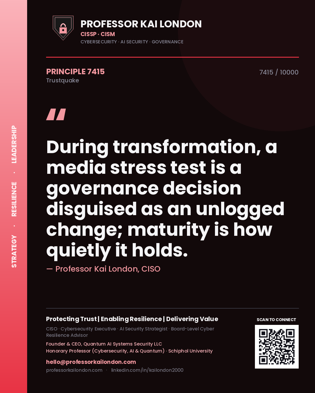Professor Kai London principle 7415: During transformation, a media stress test is a governance decision disguised as an unlogged change; maturity is how quietly it holds.