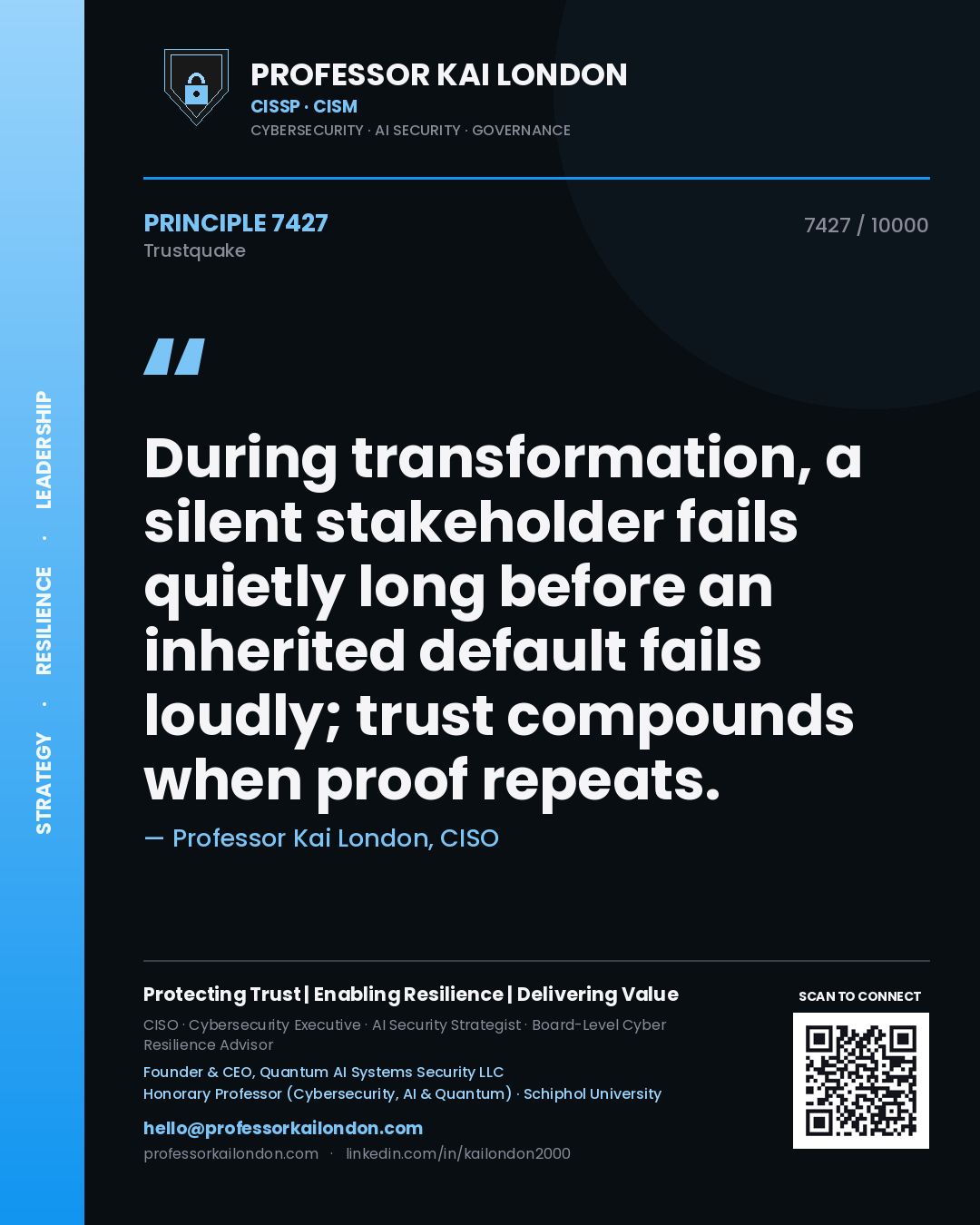 Quote card by Professor Kai London reading 'During transformation, a silent stakeholder fails quietly long before an inherited default fails loudly; trust compounds when proof repeats.'. From the book Trustquake.